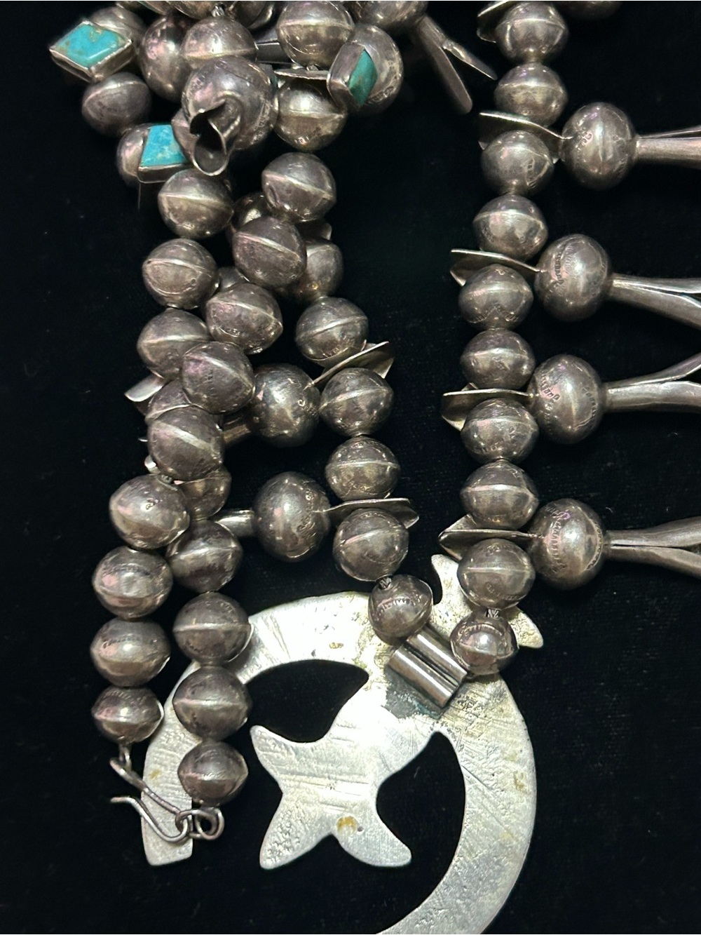 Vintage unisex sterling silver turquoise squash blossoms necklace 24-25” - Picture 7 of 16
